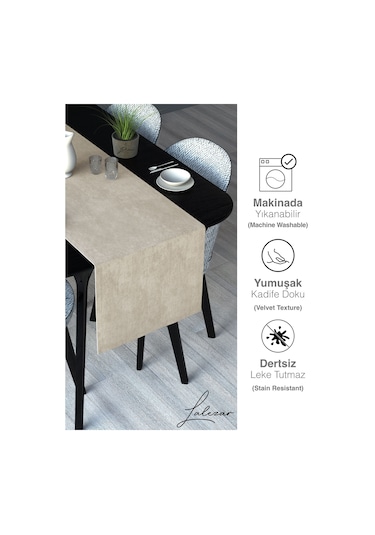 Kadife Efektli Ekru Renk Aura Serisi Runner 40 X 140 Ekru