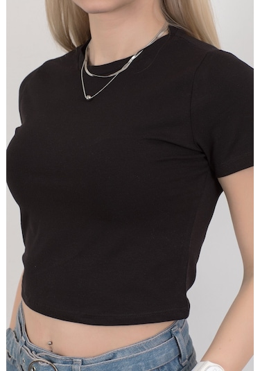 Giysa Kadın Bisiklet Yaka Pamuklu Basic T-shirt Siyah Ms0000102 Siyah