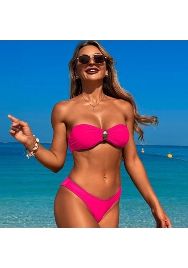 Yingfu 2 Adet Kadın Mayo Seti Bandeau Dolgulu Telsiz Sütyen Yüksek Bel Yüzme Siyah Siyah