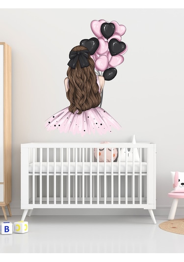 Çocuk Odası Pembe Elbiseli, Pembe Siyah Balonlu Kız Cam, Duvar Sticker
