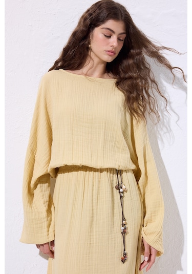 Müslin Beli Büzgülü Elbise Sarı Sarı