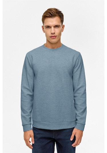 Süvari Bol Kesim O Yaka Melanj Desenli Waffle Sweatshirt Parlement Mavi M08