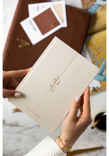 2026 A5 Keten Haftalık Ajanda 12 Aylık Krem Krem