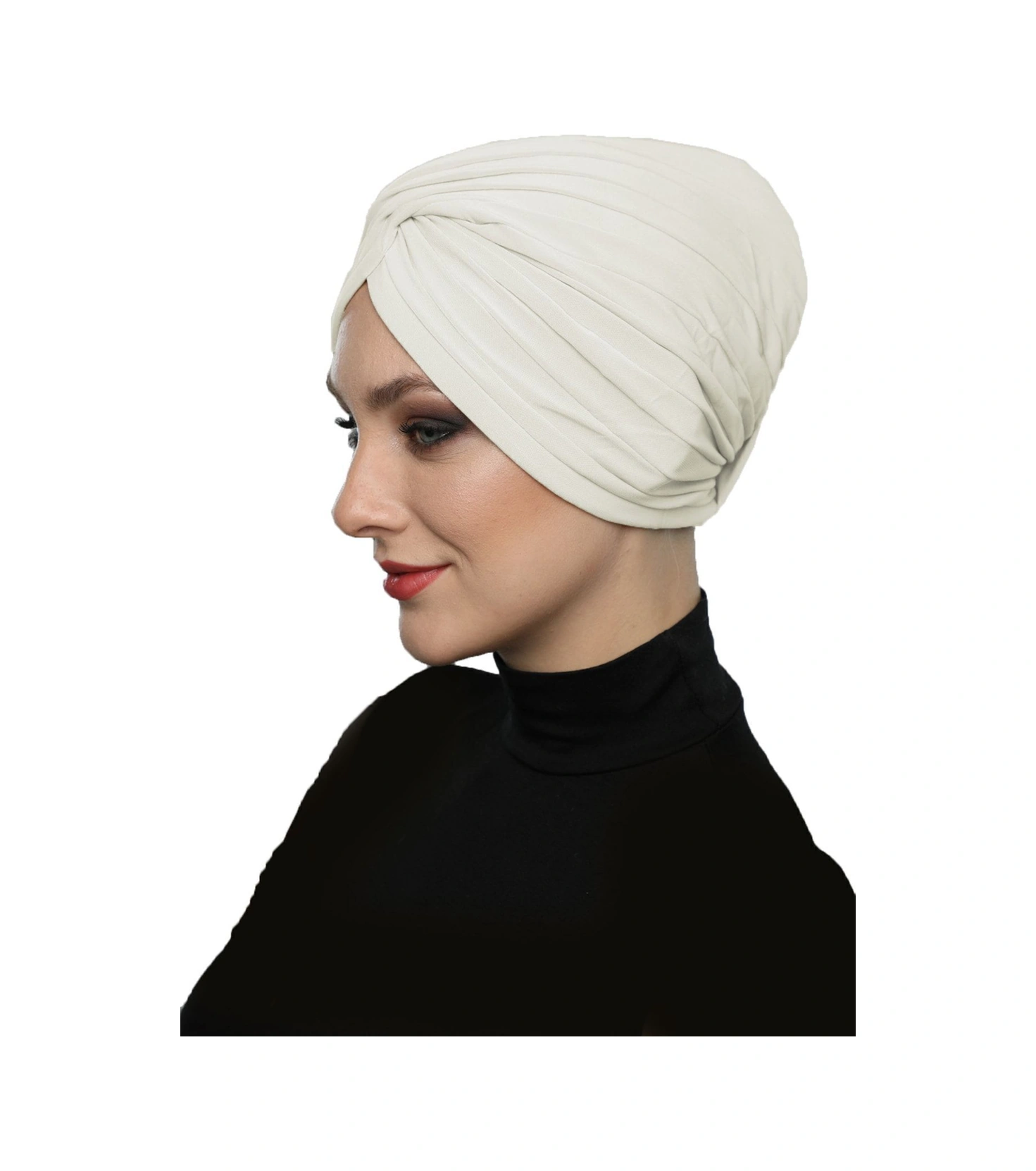 Çapraz W Nervürlü Ensesi Bantlı Krem Hazır Türban Tesettür Havuz Bonesi Krem