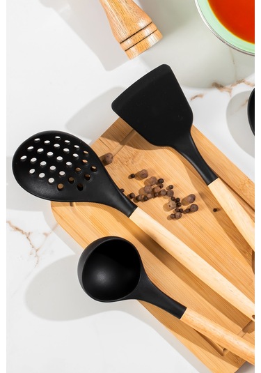 Porsima 3168 Ahşap Silikon 4 Parça Servis Takımı Seti Siyah Siyah