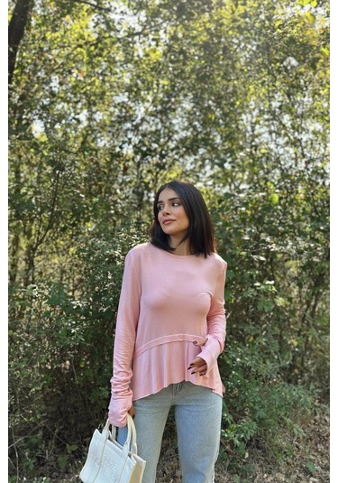 Kadın Pembe Elleri Eldiven Detaylı, Asimetrik Kesim, Bisiklet Yaka, Eteği Pliseli, Salaş Spor Bluz Pembe