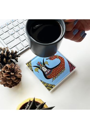 Cam Bardak Altlığı Klasik Şahmeran 4'lü Takım 10cm X 10cm Beyaz