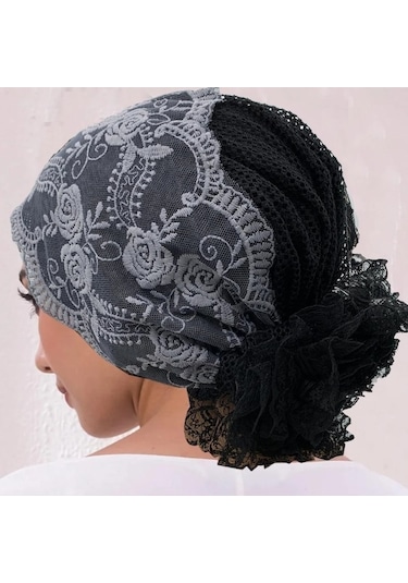 Novahub Nakışlı Dantel Türban Şapka Kadınlar İçin Yazlık Nefes Alabilen Baş Örtüsü Bone Gri - Standart Gri