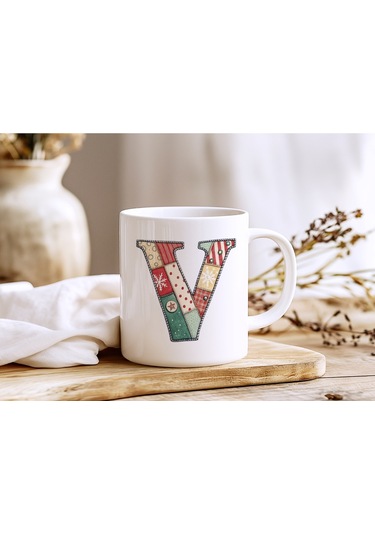 V Harfi Yılbaşı Temalı Kupa Bardak - Yeni Yıl Konsept Yamalı Efekt Tasarım - Noel Hediye Beyaz