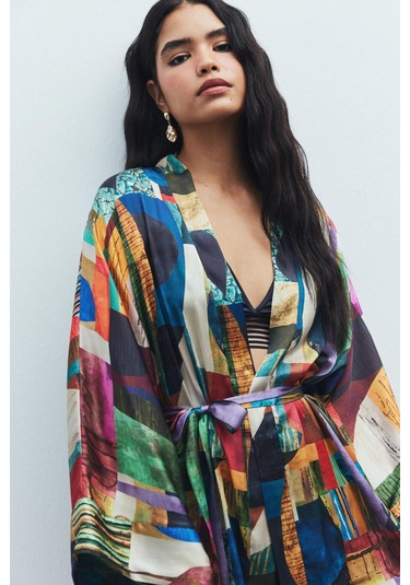 Fumée Coloré Desenli Kısa Saten Sabahlık / Kimono Çok Renkli