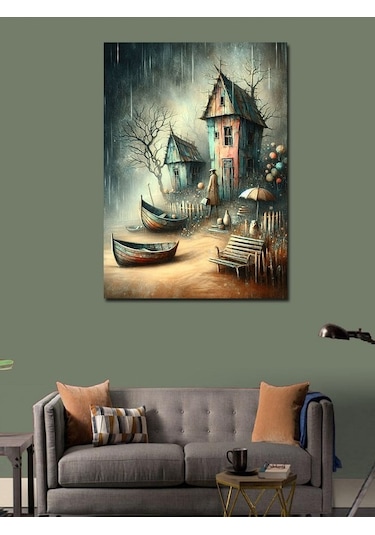 Kanvas Tablo Kıyıdaki Tekneler Ve Sahil Evleri 50cmx70cm