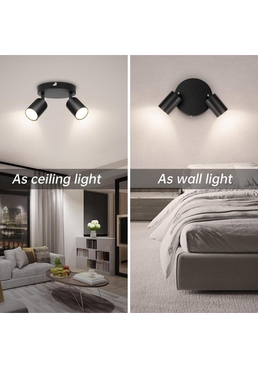 Siyah Tavan Spotu, Gu10 Led Tavan Lambası, 2 Ayarlanabilir Spot, Yuvarlak Tavan Aydınlatması, Ampulsüz Teslimat