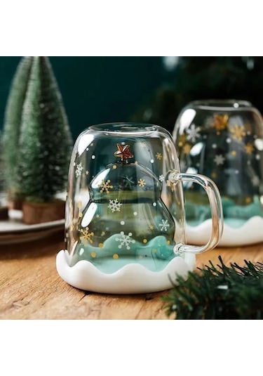 Geeroyoo Noel İstek Bardakları: Kapağı, Kollü, Çift Katlı Isı Yalıtımlı Cam, Karikatür Stili, Bayram Etkinlikleri Hediyesi 300ml Yeşil
