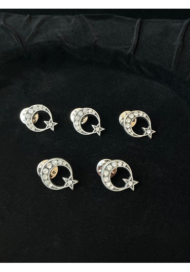 Taş İşlemeli Ay-yıldız Rozeti Gümüş 5'li Gümüş