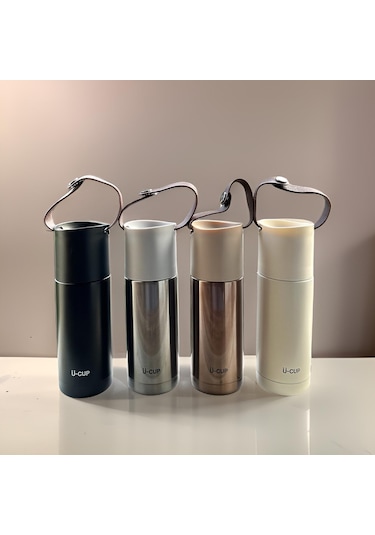Prettify Stainless Steel Bardaklı Kayışlı Üstten Basmalı Termos 350 ML