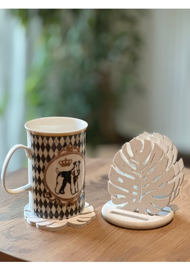 Monstera Modern Dekoratif Bardak Altlığı 4'lü Set Ve Standı - Mermer Beyazı Mermer