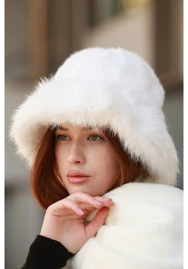 Kadın Peluş Bucket Kalpak Şapka 1143 Rkş-14 Ekru Ekru