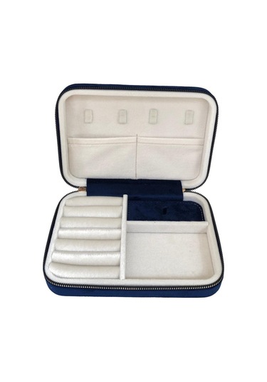 Özer Kutu Fermuarlı Deri Ahşap Kasalı Büyük Boy Takı, Seyahat Ve Mücevher Çantası Lacivert Süet 14x21 Cm