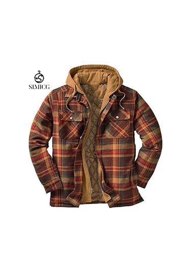 Kalın Pamuklu Ekose Uzun Kollu Bol Kapüşonlu Erkek Ceketi Kahverengi