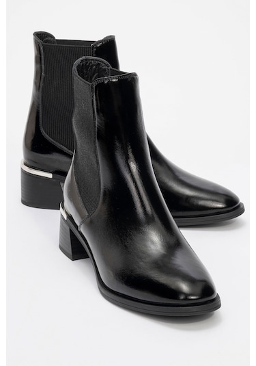 Neiva Siyah Rugan Hakiki Deri Kadın Chelsea Bot Siyah Rugan
