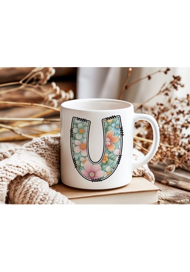 U Harfli Pastel Çiçek Desenli Kahve Kupası - Kişiye Özel Çiçekler Koleksiyonu Bardak - Hediye Beyaz
