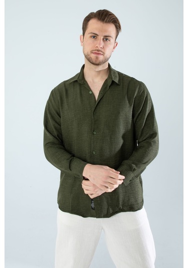 Rahat Kesim Keten Dokulu Gömlek Haki