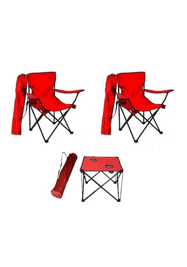 2 Ad Kırmızı Katlanır Kamp Sandalyesi+1 Ad Masa Piknik Çantalı Kırmızı