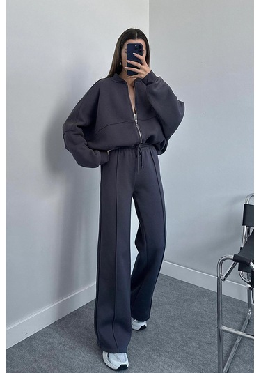 Dip Moda Kadın Pamuklu Kışlık Sweat Pantlon Eşofman Takımı Dpgts018 Antrasit