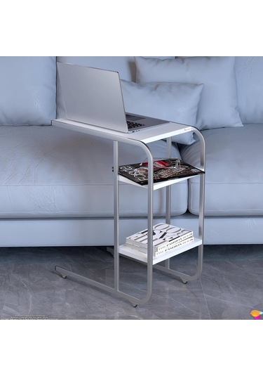 Modilayn C Yan Sehpa Dar Boy Tekerlekli Çalışma, Atıştırmalık, Yemek, Laptop Sehpası Beyaz Beyaz