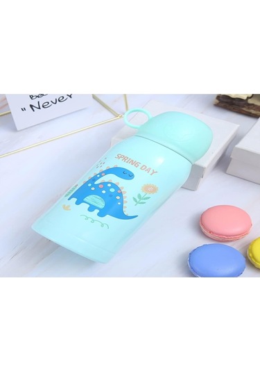 Hangfox Mavi Aslan Desenli Çocukluk Çağı Paslanmaz Çelik Termos Bardak, İki Kapaklı Şişe, Şarjlı İçecek Borusu İle Mavi