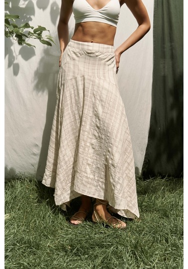 Peigi Çizgili Parçalı Bej Midi Etek Bej