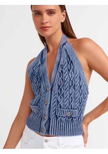 Dilvin Yaka Düğmeli Triko Yelek İngido İndigo