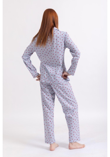 Kadın Dört Mevsim %100 Pamuk Düğmeli Kalp Desenli Yüksek Kalite Pijama Takımı 9323 - Mavi