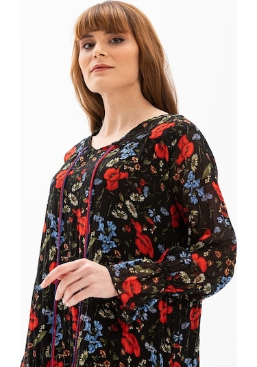 Uzun Kol Vual Gonca Uzun Elbise Gelincik Desen Siyah