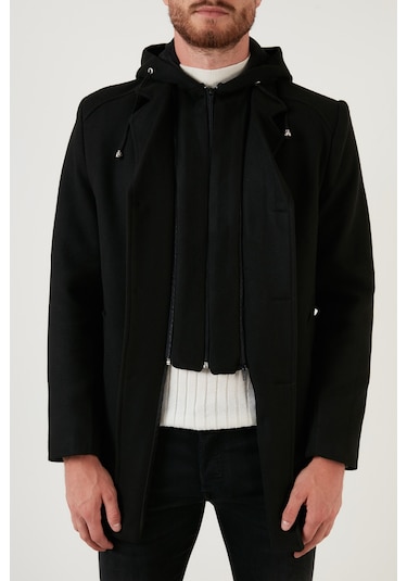 Buratti Çıkarılabilir Kapüşonlu Kırçıllı Slim Fit Kaşe Erkek Kaban 5841013 Siyah
