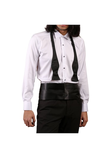 Beyaz Siyah Taş Düğmeli Damatlık Ata Yaka Kol Düğmeli Slim Fit Smokin Gömlek - 006 001