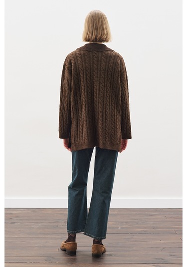 Yakalı Saç Örgü Kazak Kahverengi Kahverengi