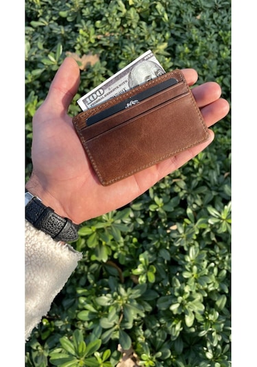 Unisex Antik Kahve Mini Design Gerçek Hakiki Deri Kartlık Cüzdan Erkek-kadın Kahverengi