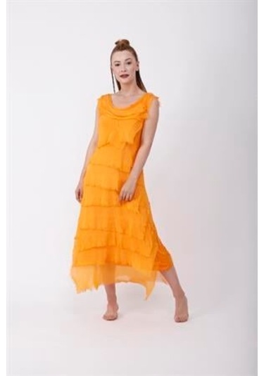 Italyan 2 Beden İnce Gösteren Kat Kat Kolsuz Ipek Elbise-8769 Oranj