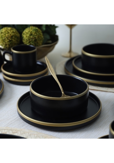 Keramika Mat Siyah Gold Fileli Stackable Yemek / Kahvaltı Takımı 20 Parça 4 Kişilik