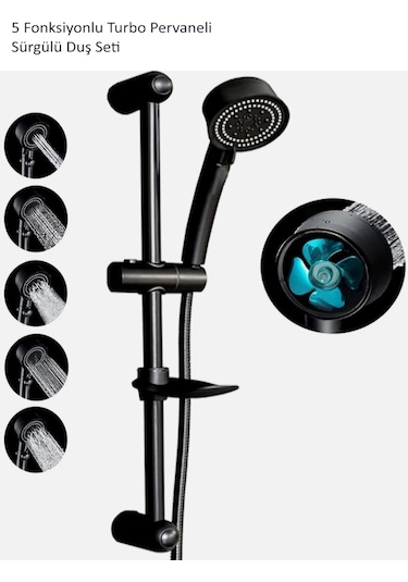 Siyah 5 Fonksiyonlu Pervaneli Örgülü Hortumlu Sürgülü Duş Seti - 410PRV Siyah