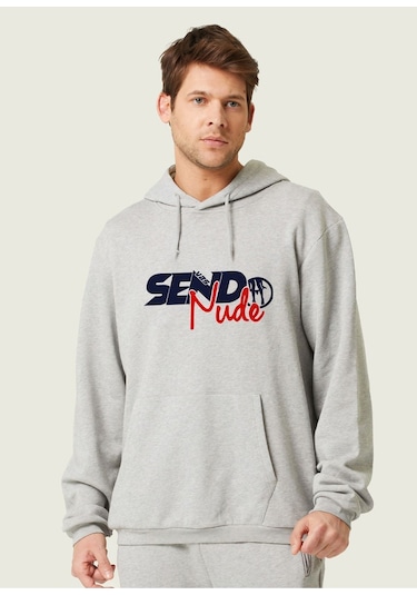 Unisex Oversize Send Nudes Baskılı Kapüşonlu Sweatshirt Gri