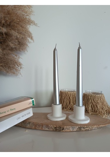 2'li Beyaz Betondan Şamdan Mumluk, Şamdan Mumluk, Beyaz Uzun Mumluk, Minimal Şamdan Mumluk. Beyaz