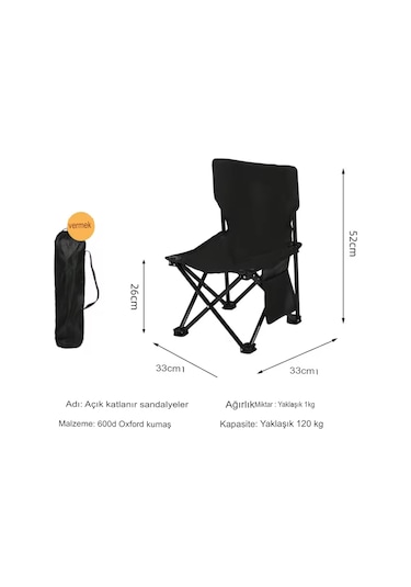 Siyah Orta Boy Katlanır Kamp Piknik Sandalyesi Rejisör Ve Taşıma Siyah