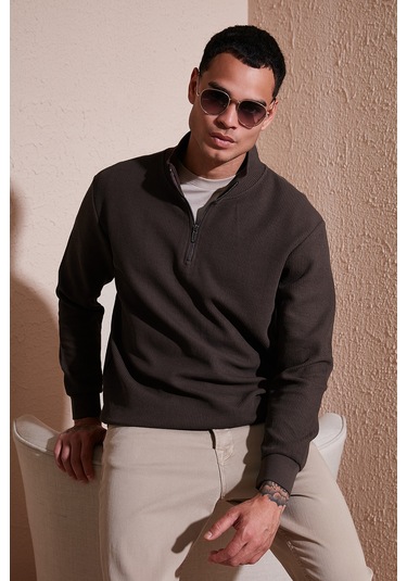 Buratti Pamuklu Regular Fit Yarım Fermuarlı Dik Yaka Erkek Sweat 5905716 Koyu Kahve
