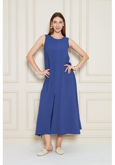Kadın Sıfır Kol Aerobin Kumaş A Kesim Yırtmaçlı Maxi Yazlık Elbise 3760330 İndigo