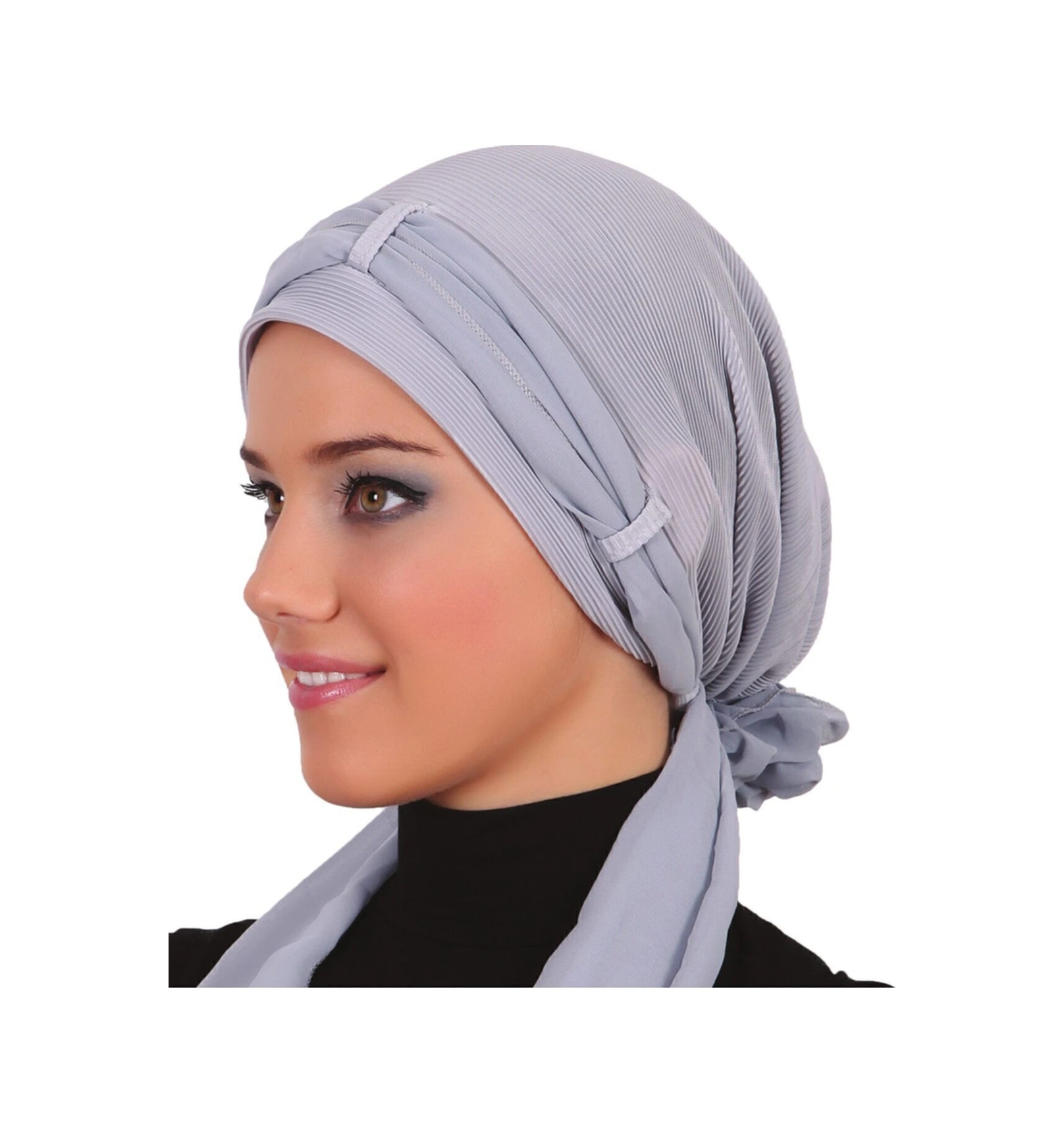 Plise Fularlı Arkası Şifon Incili Çiçek Aksesuarlı Açık Gri Hazır Türban Tesettür Bone Açık Gri
