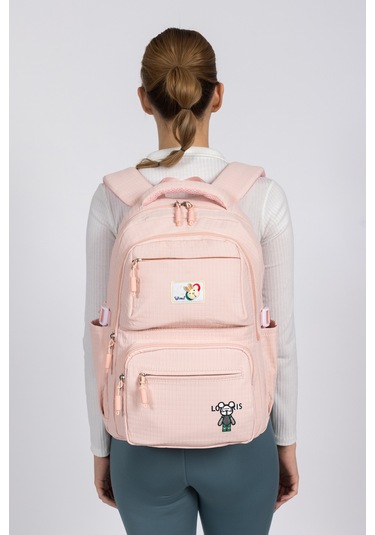 Modern Ve Fonksiyonel Tasarım Çok Gözlü, Şık Okul Sırt Çantası - Pembe Pembe