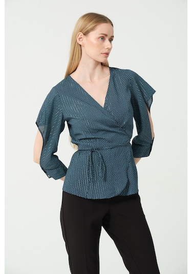 V Yaka Bağcıklı Kol Detaylı Bluz Petrol Mavi