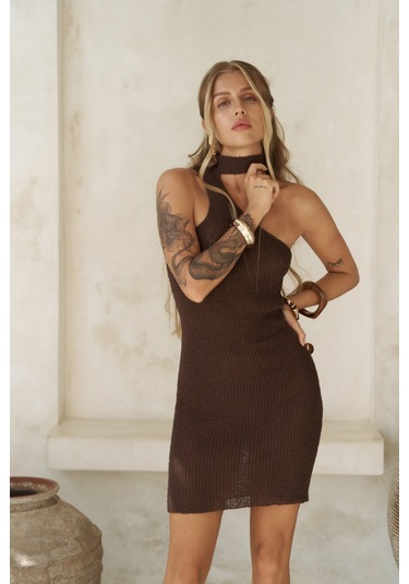 Budah Asimetrik Triko Kahve Mini Elbise Kahve